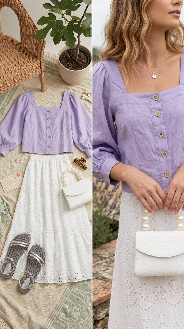 Whimsical summer midi skirt outfit 2026 for afternoon tea. Features a white eyelet midi skirt, lavender puff-sleeve top, and pearl bag.