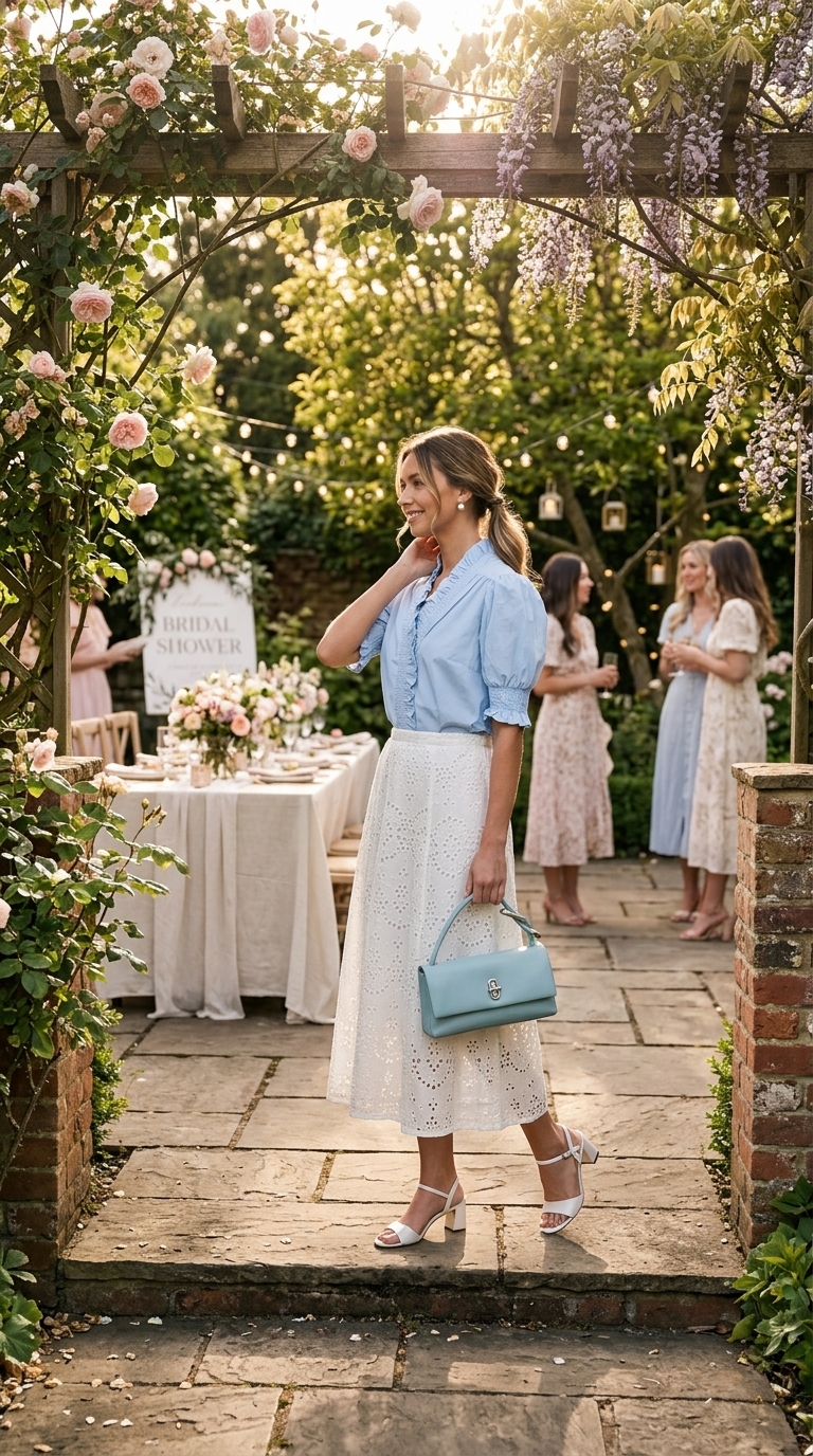 Pure white eyelet midi skirt, powder blue puff-sleeve blouse, slingback sandals, and a structured bag for a charming tea party. Elegant summer midi skirt outfits 2026.