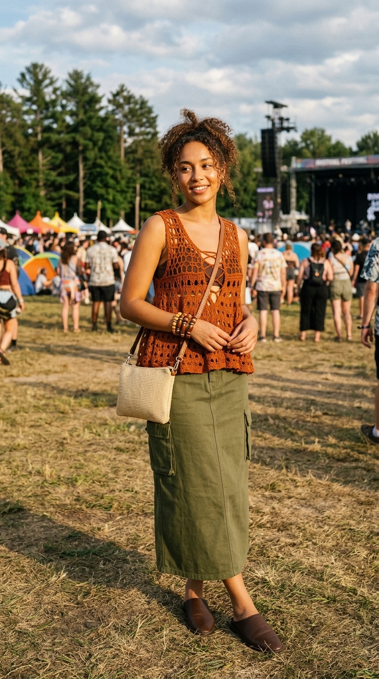 Effortless khaki green cargo midi skirt outfit for summer 2026 festivals. Styled with a rust crochet top, straw bag, and flat mules, perfect for outdoor adventures.