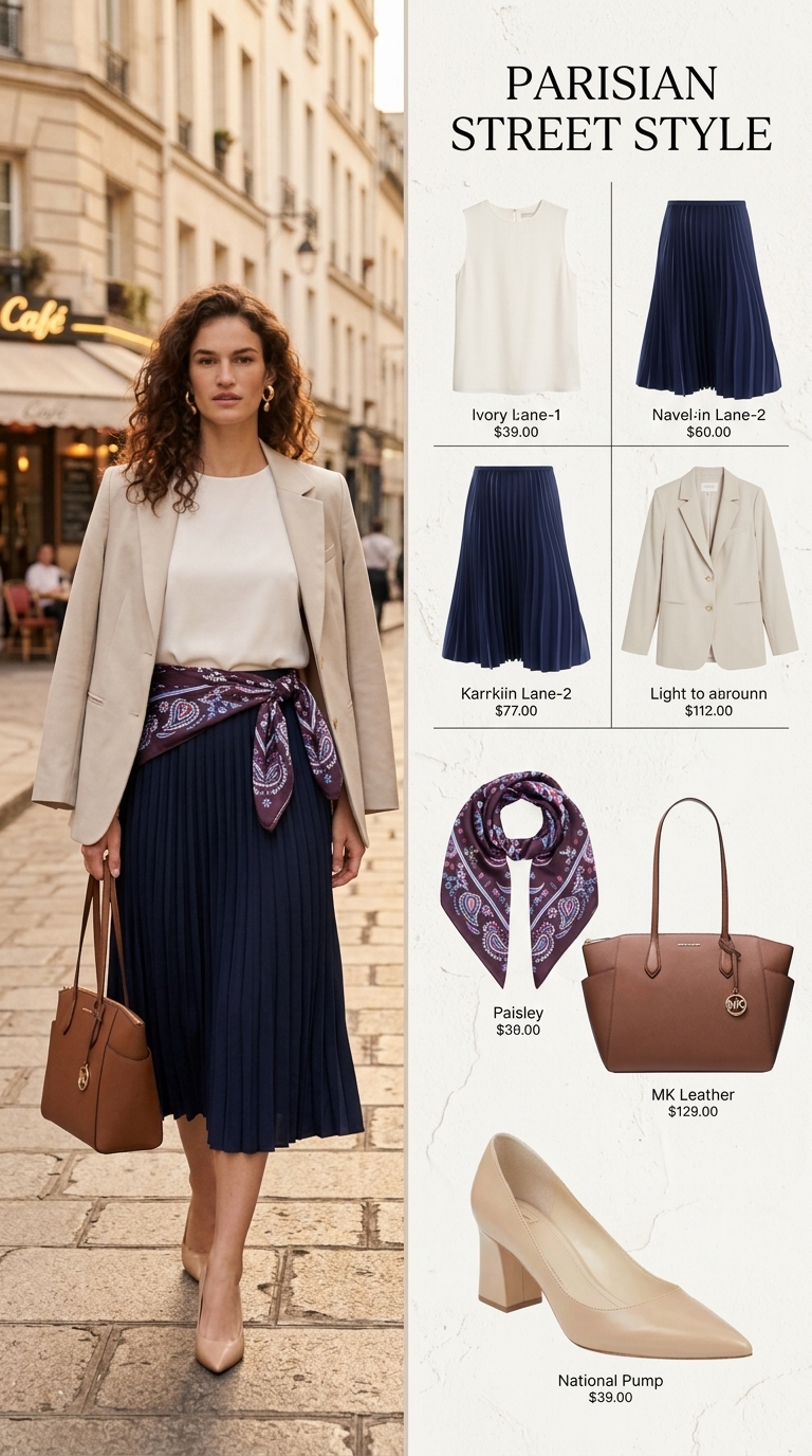 Polished navy pleated midi skirt outfit for summer 2026 office wear. Featuring a white silk top, tan blazer, and nude block heels, perfect for business casual.