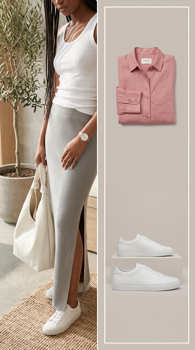 Polished summer midi skirt outfit 2026 for refined comfort. Features a grey ribbed knit midi skirt, blush linen shirt, and white sneakers.