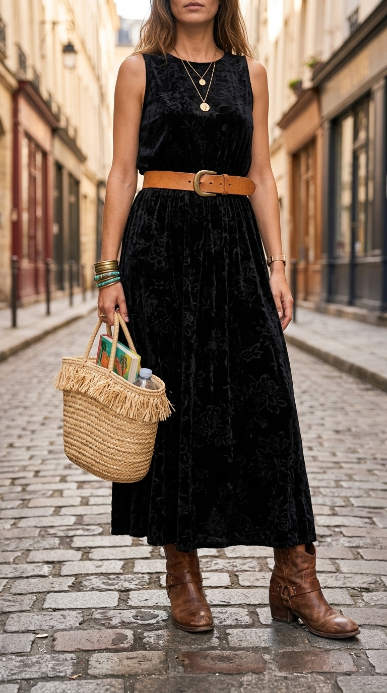 Chic Riviera summer midi skirt outfit 2026 for a resort vacation. Features a gingham midi skirt, black off-shoulder top, and red heels.