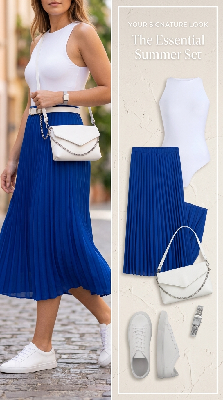 Cobalt blue pleated midi skirt, white bodysuit, minimalist sneakers, and a structured white bag create a sophisticated sportswear look. Find elegant summer midi skirt outfits 2026.