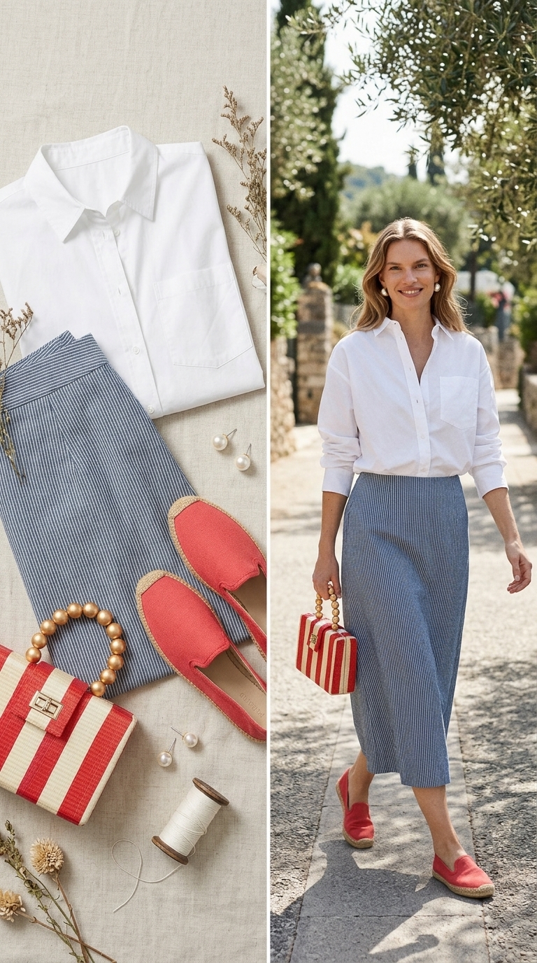 Preppy summer midi skirt outfit 2026 for a picnic. Features a navy stripe seersucker midi skirt, white button-down, and red espadrille flats.