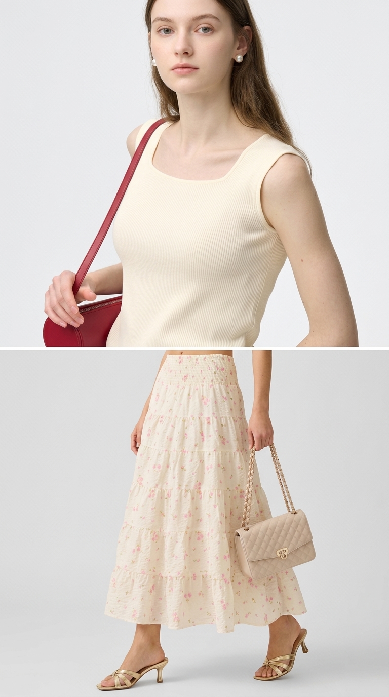 Feminine blush pink floral tiered midi skirt outfit for summer 2026 garden parties. Paired with a cream ribbed tank, gold mules, and a quilted mini bag, perfect for bridal showers.
