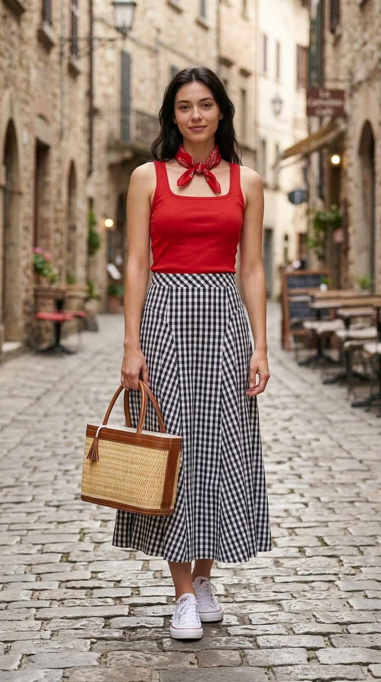 Playful black and white gingham midi skirt outfit for summer 2026. Featuring a cherry red top, white sneakers, a straw bag, and a red bandana, perfect for a picnic in the park.
