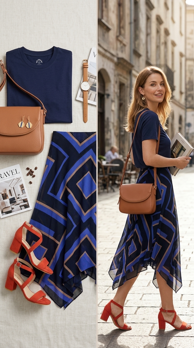 Bold abstract print midi skirt outfit for summer 2026 art gallery visits. Featuring a navy tee, rust suede sandals, and a cognac crossbody, perfect for creative workshops.