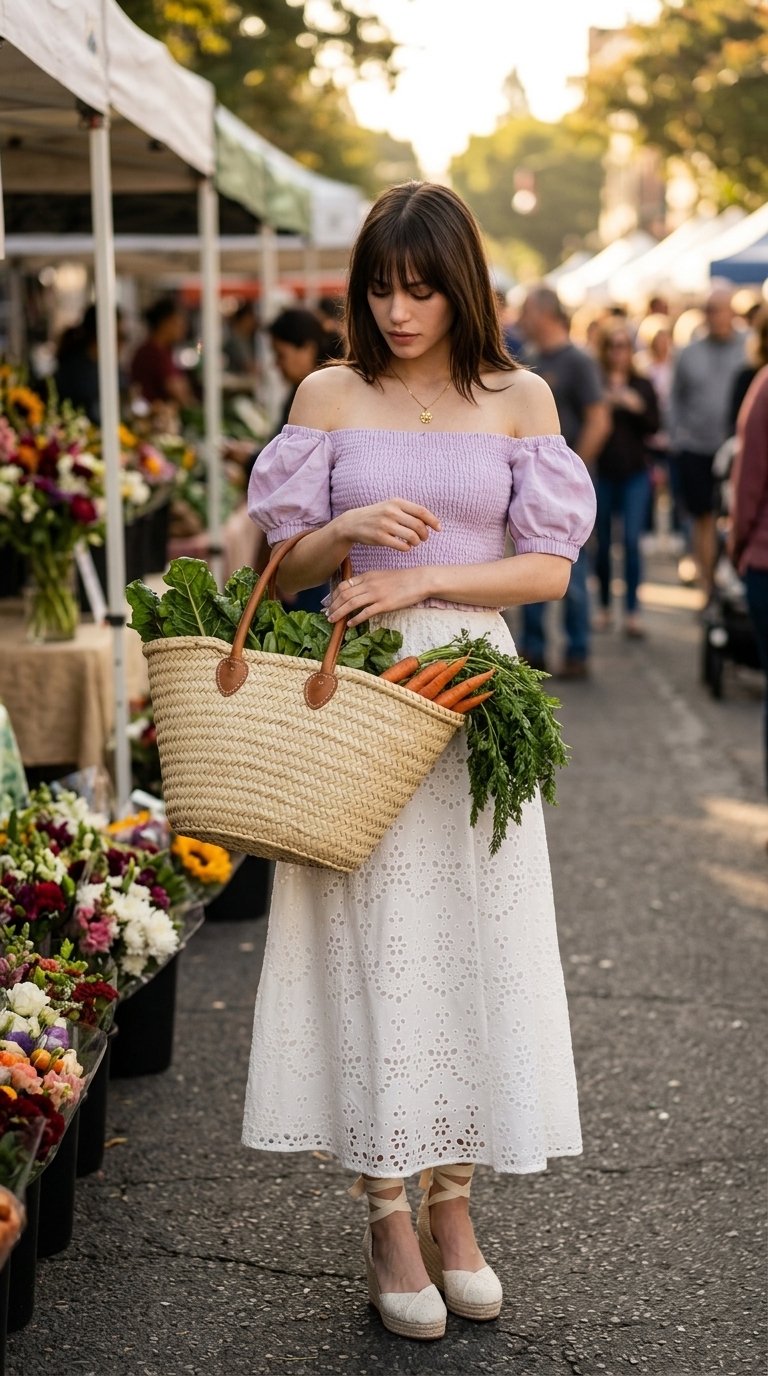 White eyelet midi skirt, lavender smocked off-shoulder top, straw basket bag, and espadrille wedges create a sweet summer picnic outfit. Charming summer midi skirt outfits 2026.