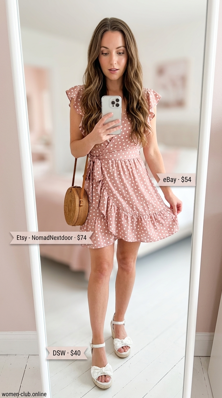 Playful blush pink mini wrap dress with white polka dots and flutter sleeves, ideal for a summer garden party. This feminine trendy summer polka dots outfit for women 2026 is styled with espadrille wedges, a wide-brim straw hat, and a wicker crossbody bag, exuding charming summer vibes.
