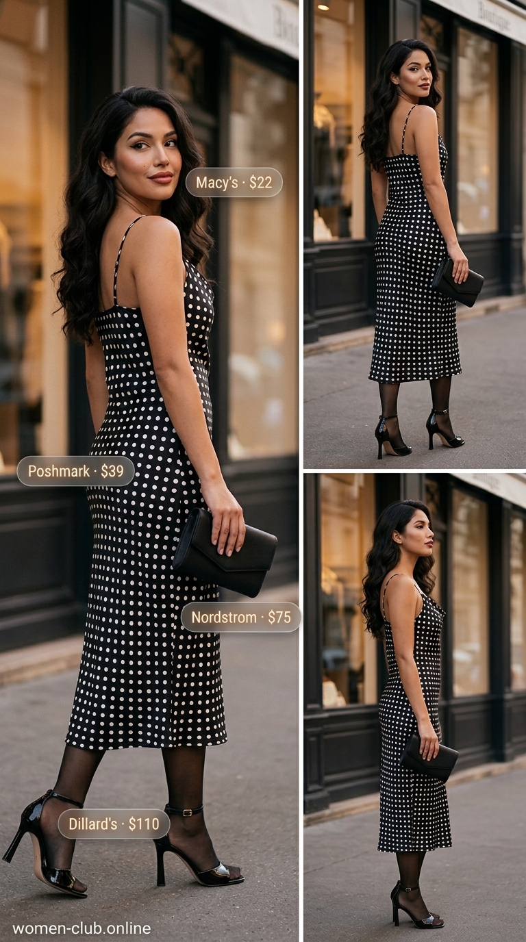 Sophisticated trendy summer polka dots outfit for women 2026: Black and white polka dot slip dress, stiletto heels, and red lipstick for a date night.
