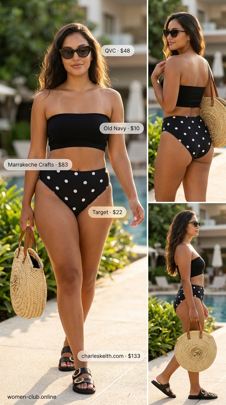 Retro glamorous trendy summer polka dots attire for women 2026 featuring a high-waisted polka dot bikini bottom and a black bandeau top, perfect for a poolside party.