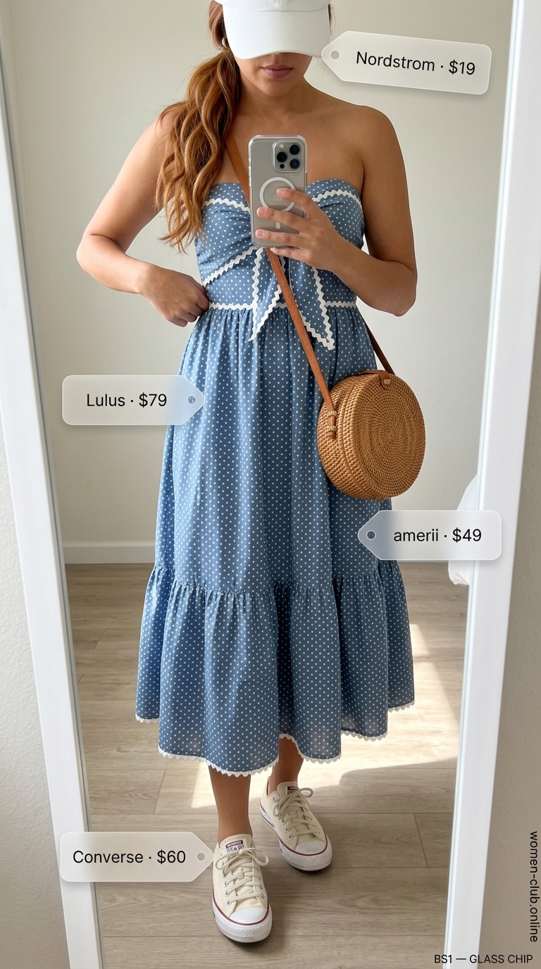 Playful trendy summer polka dots outfit for women 2026: Sky blue polka dot sundress, white sneakers, and straw crossbody for a park picnic.