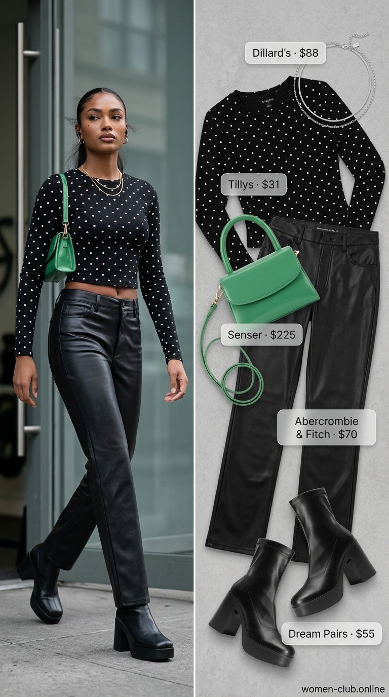 Edgy black long-sleeve crop top with white polka dots paired with high-waisted black faux leather pants for a bold night out. This trendy summer polka dots outfit for women 2026 includes chunky platform ankle boots, layered silver chain necklaces, and a neon green mini crossbody bag for a striking pop of color.