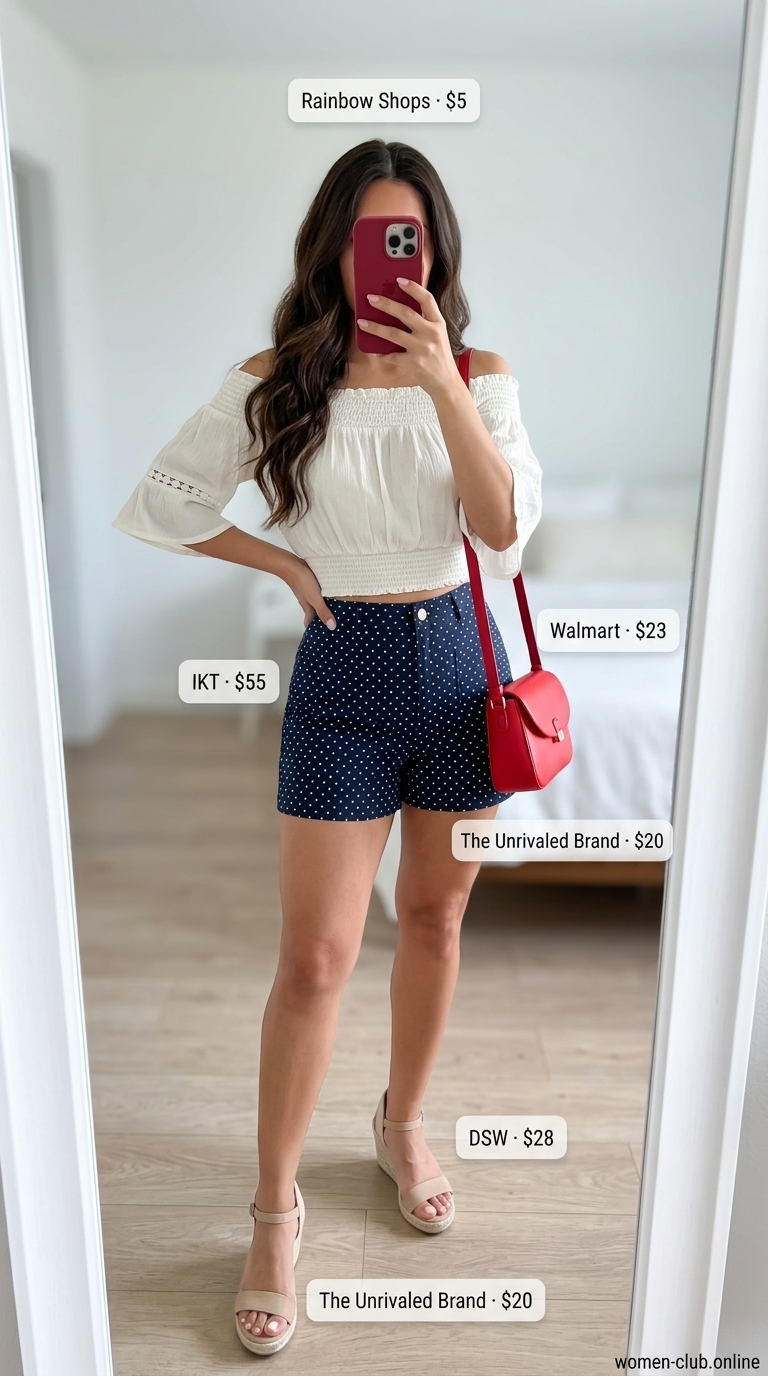 Playful retro-inspired navy and white polka dot denim shorts paired with a white off-the-shoulder crop top for a fun date night. This trendy summer polka dots outfit for women 2026 also includes red espadrille wedges, cat-eye sunglasses, and a cherry red crossbody bag, embodying a flirty, vintage vibe.