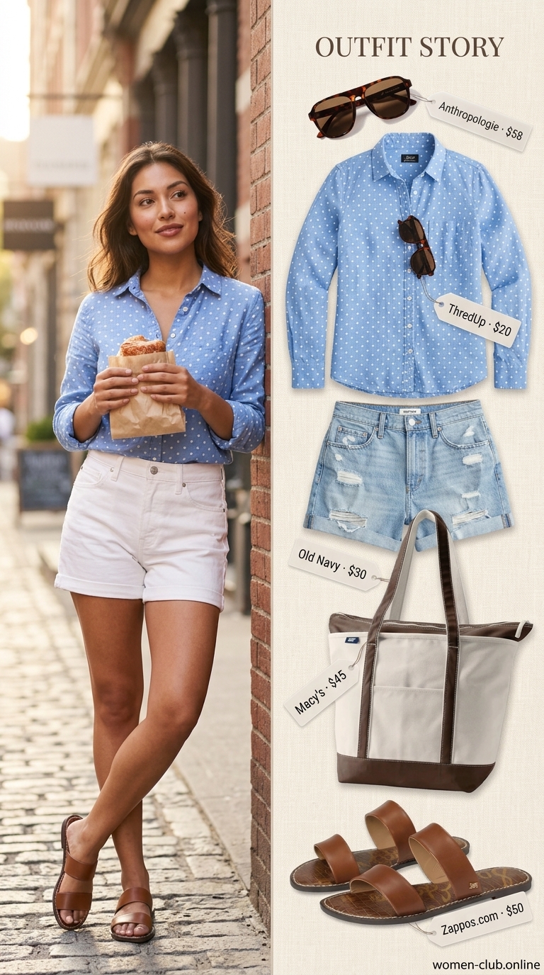 Relaxed and trendy summer polka dots outfit for women 2026: Light blue oversized polka dot shirt, denim shorts, and leather slide sandals for a weekend getaway.