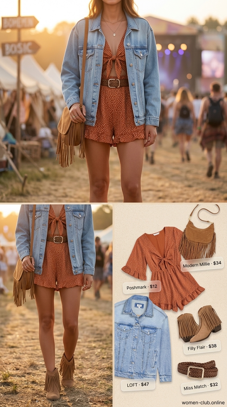 Free-spirited rust orange romper with small cream polka dots, styled for a bohemian festival. This trendy summer polka dots outfit for women 2026 features a flowy silhouette, paired with a classic oversized denim jacket, fringe ankle boots, and a suede crossbody bag for a casual and stylish look.