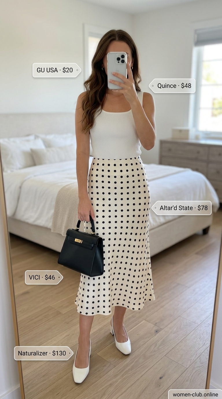 Elegant black and white polka dot midi skirt paired with a black knit top, perfect for a chic city brunch. This trendy summer polka dots outfit for women 2026 features a sophisticated blend of classic patterns and modern silhouettes. Accessorized with a black structured bag and slingback heels.