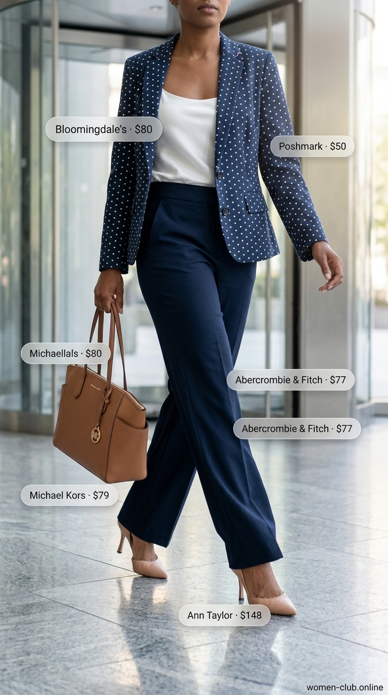 Polished trendy summer polka dots outfit for women 2026: Navy polka dot blazer, white trousers, and camel pumps for a professional office day.