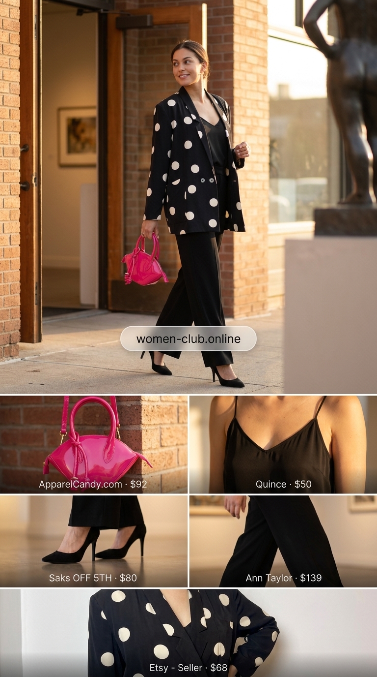 Artsy trendy summer polka dots outfit for women 2026 showcasing an oversized black and white polka dot blazer over a black camisole and wide-leg trousers, for a gallery opening.