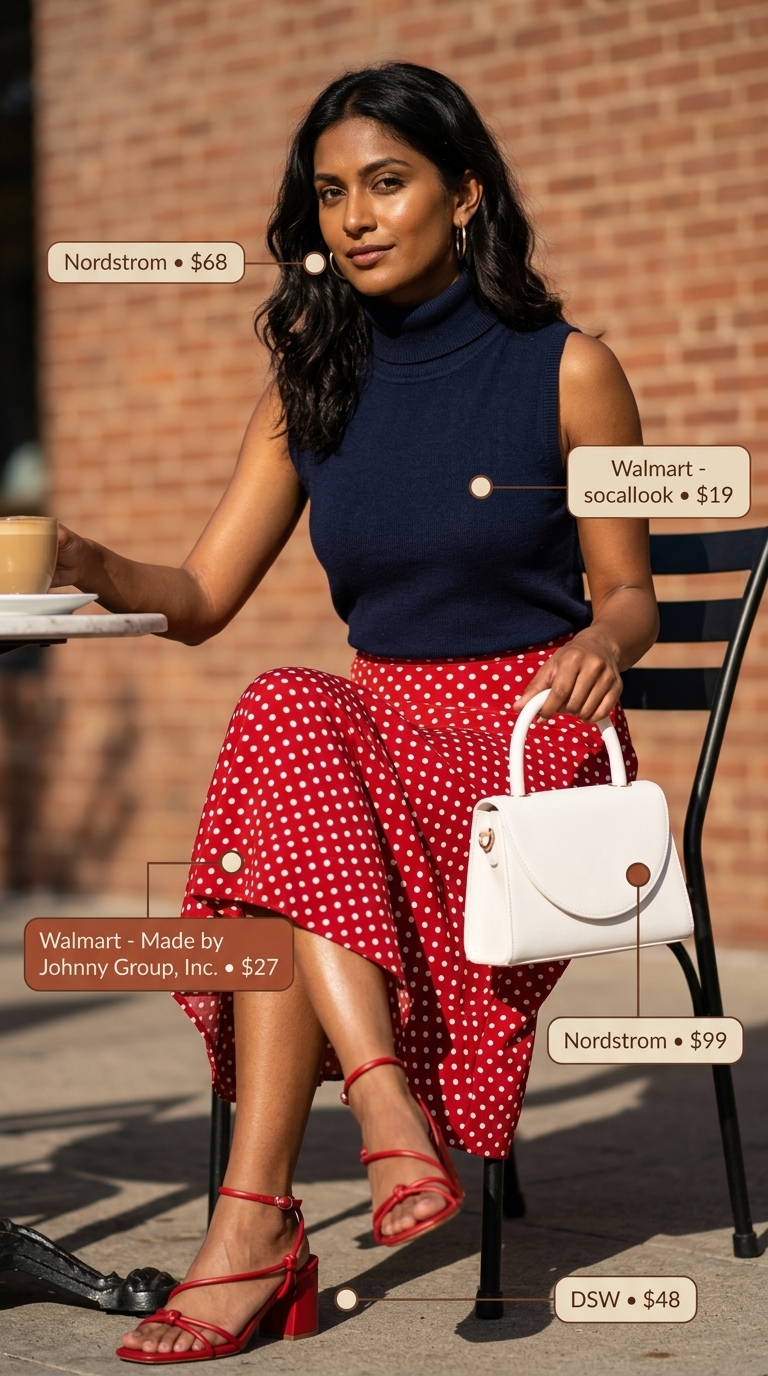Classic navy and white polka dot A-line midi skirt with a vibrant red sleeveless knit top, perfect for a chic Riviera brunch. This elegant trendy summer polka dots outfit for women 2026 includes red block-heel sandals, a crisp white top-handle bag, and delicate gold hoop earrings, embodying classic summer style.