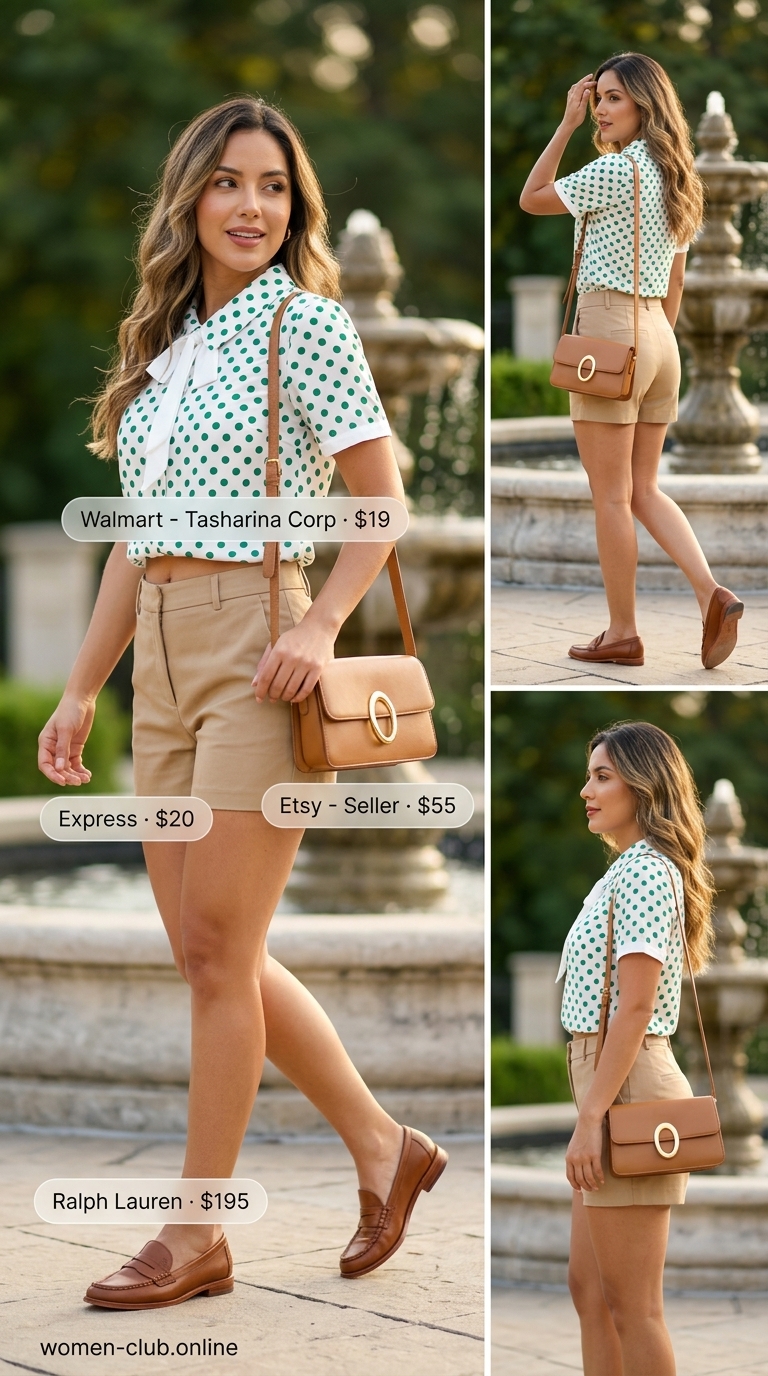 Preppy trendy summer polka dots outfit for women 2026: Green polka dot shirt tied at waist, white shorts, and leather loafers for a summer getaway.