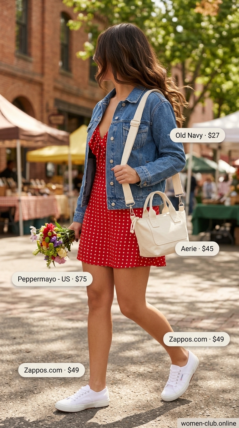 Playful trendy summer polka dots outfit for women 2026 featuring a red polka dot mini sundress and white low-top sneakers, perfect for a park picnic.