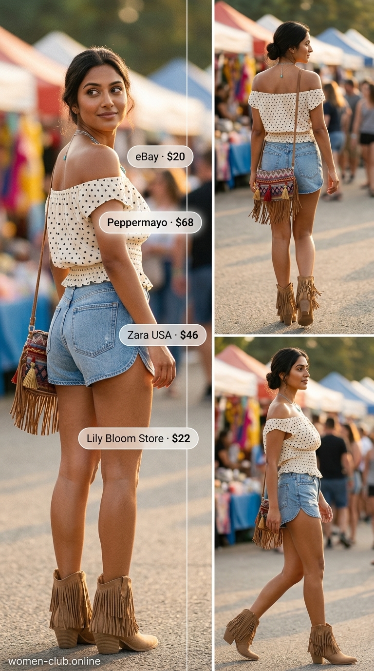 Bohemian trendy summer polka dots outfit for women 2026, showcasing a cream off-shoulder peasant top with small black polka dots, styled for a festival.