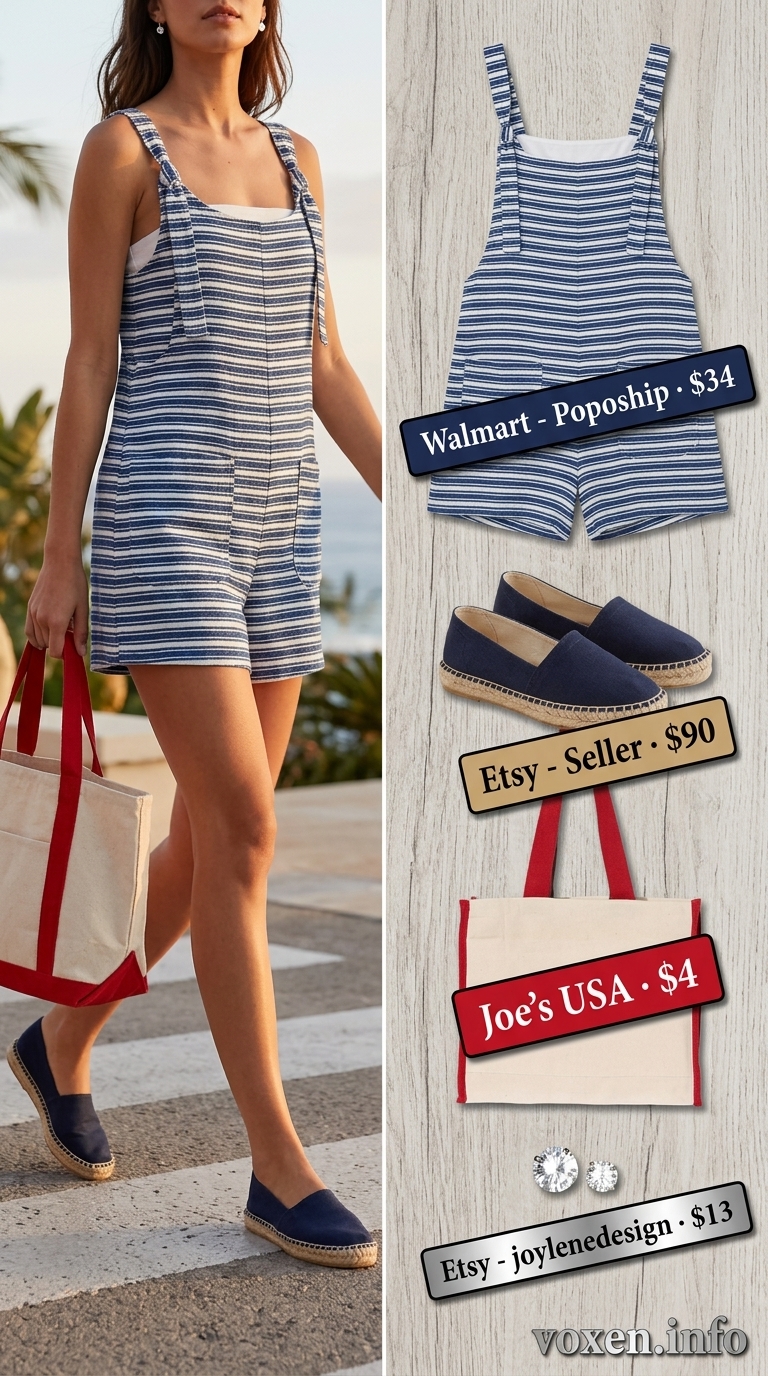 Navy stripe romper for summer vacation resort outfits for women 2026. Striped romper, espadrille slides, canvas tote, silver earrings.