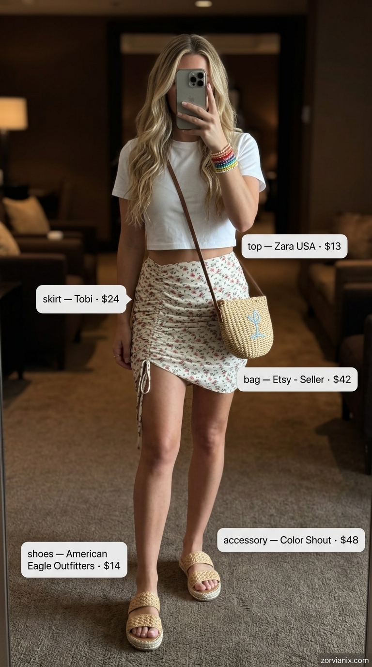 Multi-color floral mini skirt with white crop top, beaded bracelets, and espadrilles for summer garden party outfits for women 2026.