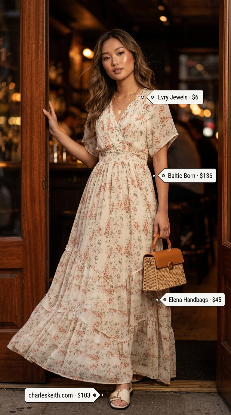 Pastel floral maxi dress with tan slides & straw clutch for summer garden party outfits for women 2026.
