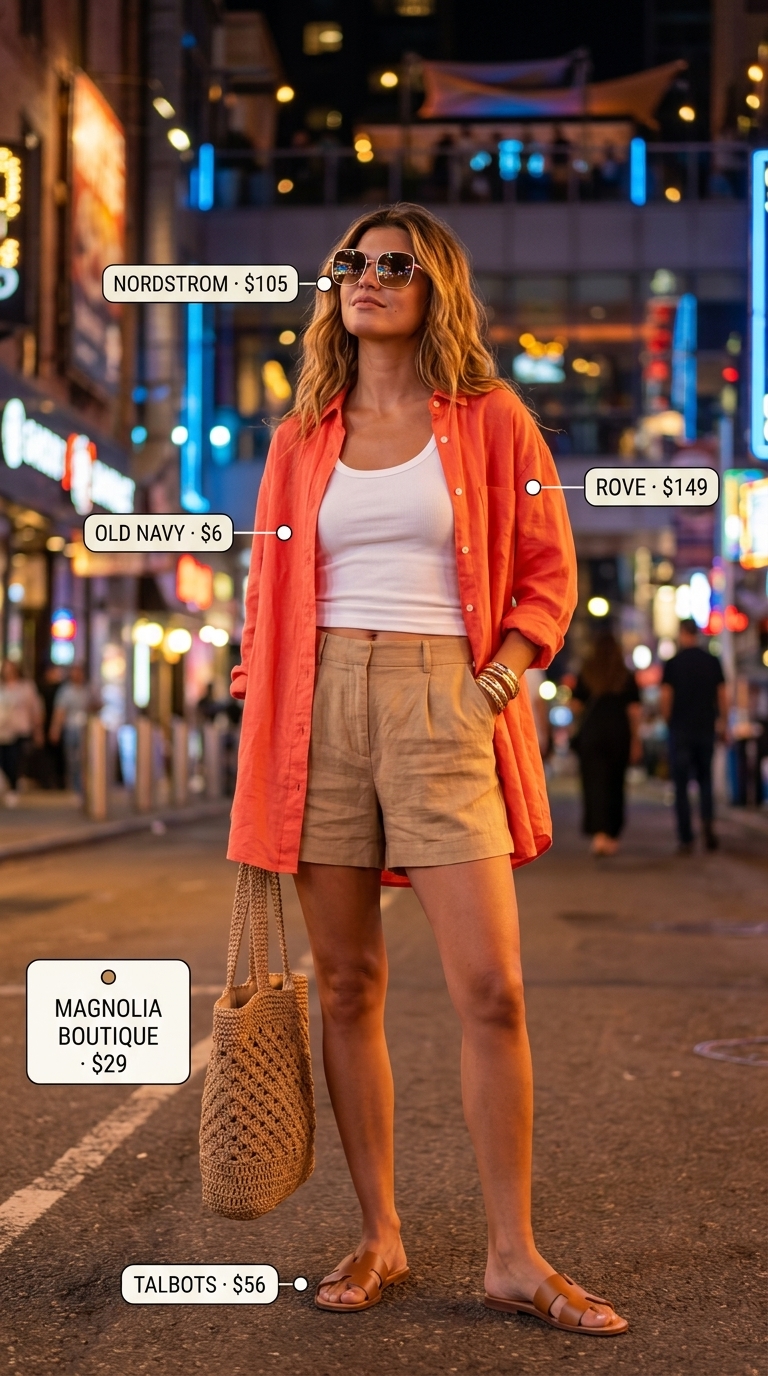 Soft coral linen shorts set with white tank, tan sandals, and straw tote for summer garden party outfits for women 2026.