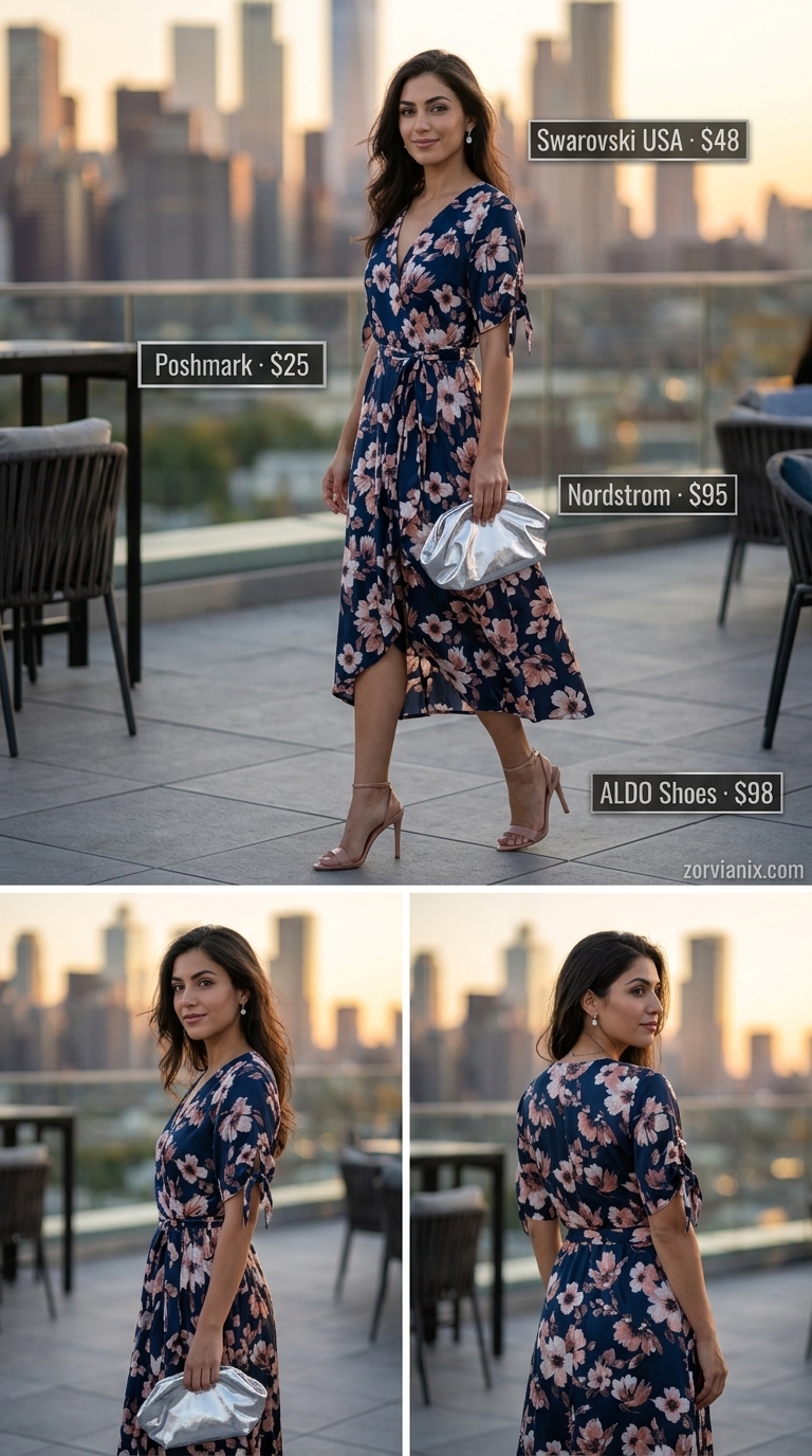 Navy floral midi wrap dress with silver heels & clutch for summer garden party outfits for women 2026.