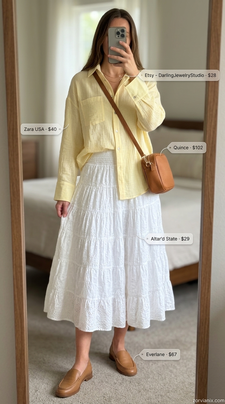 Butter yellow button-down shirt outfit for summer garden party outfits for women 2026. White midi skirt, tan loafers.