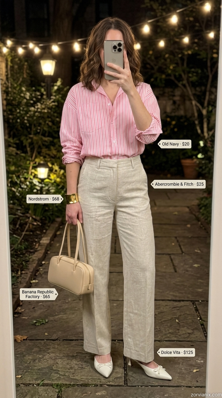 Cream wide-leg trousers with coral shirt, white mules, and tan satchel for summer garden party outfits for women 2026.