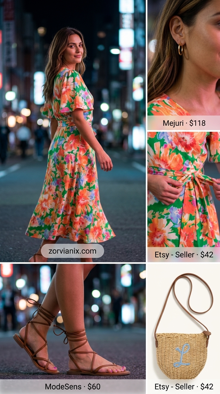Vibrant floral wrap dress with gold earrings, straw bag, and tan sandals for summer garden party outfits for women 2026.