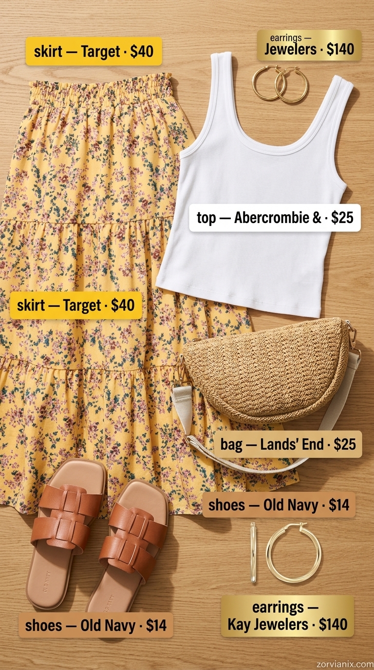 Yellow floral midi skirt with white tank & slides for summer garden party outfits for women 2026.