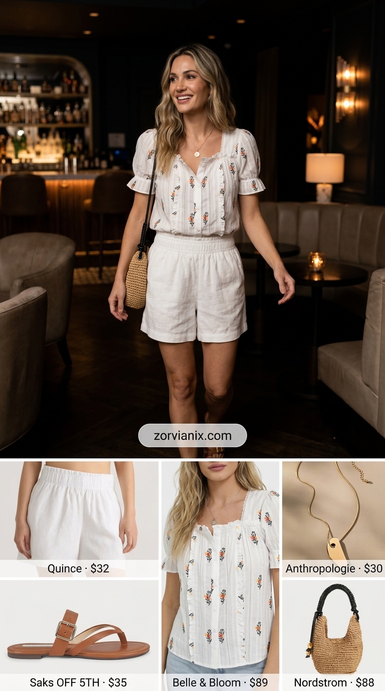 Chic summer garden party outfits for women 2026: White linen shorts, floral blouse, tan sandals, and straw bag.