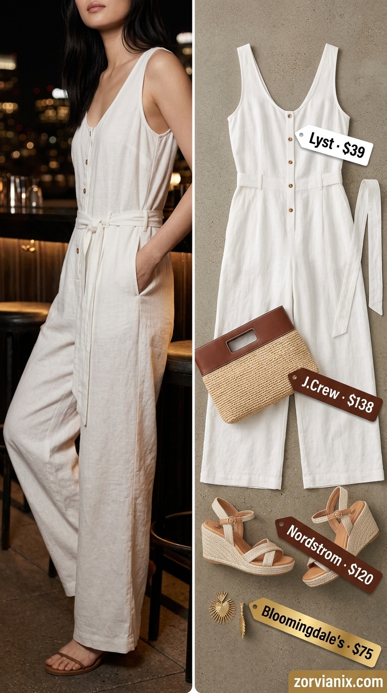 White linen jumpsuit with wedge espadrilles & raffia clutch for summer garden party outfits for women 2026.