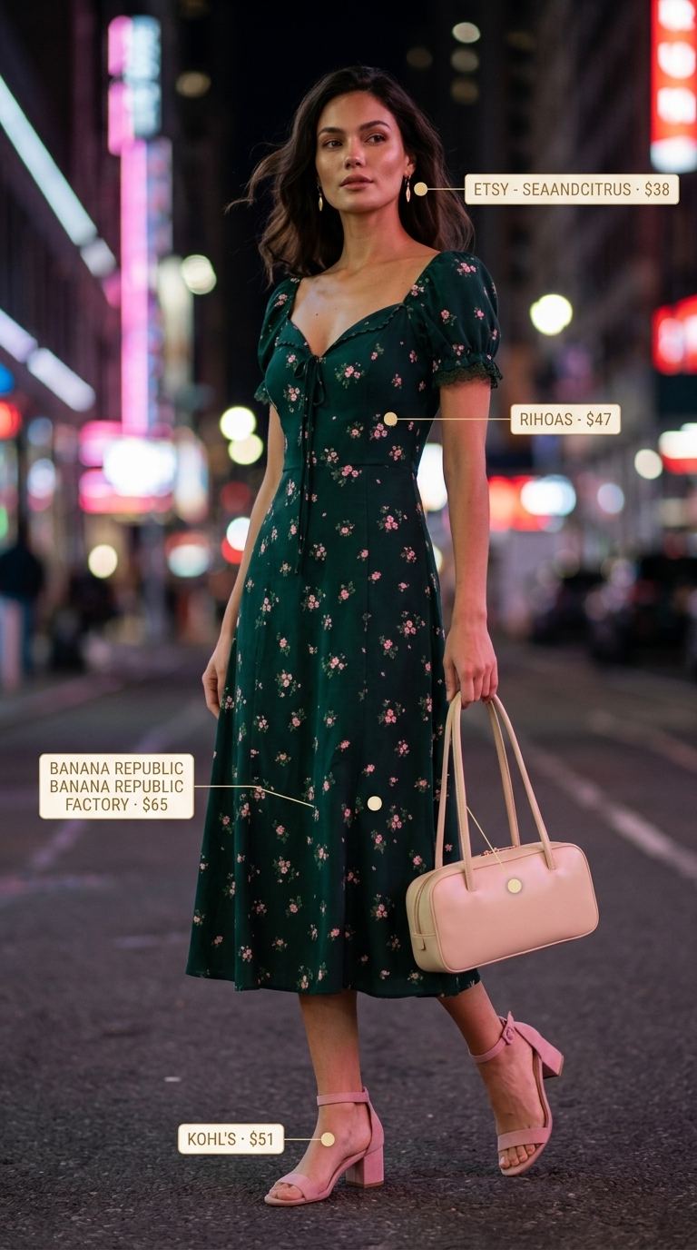 Muted floral midi dress with block heels & top-handle bag for summer garden party outfits for women 2026.