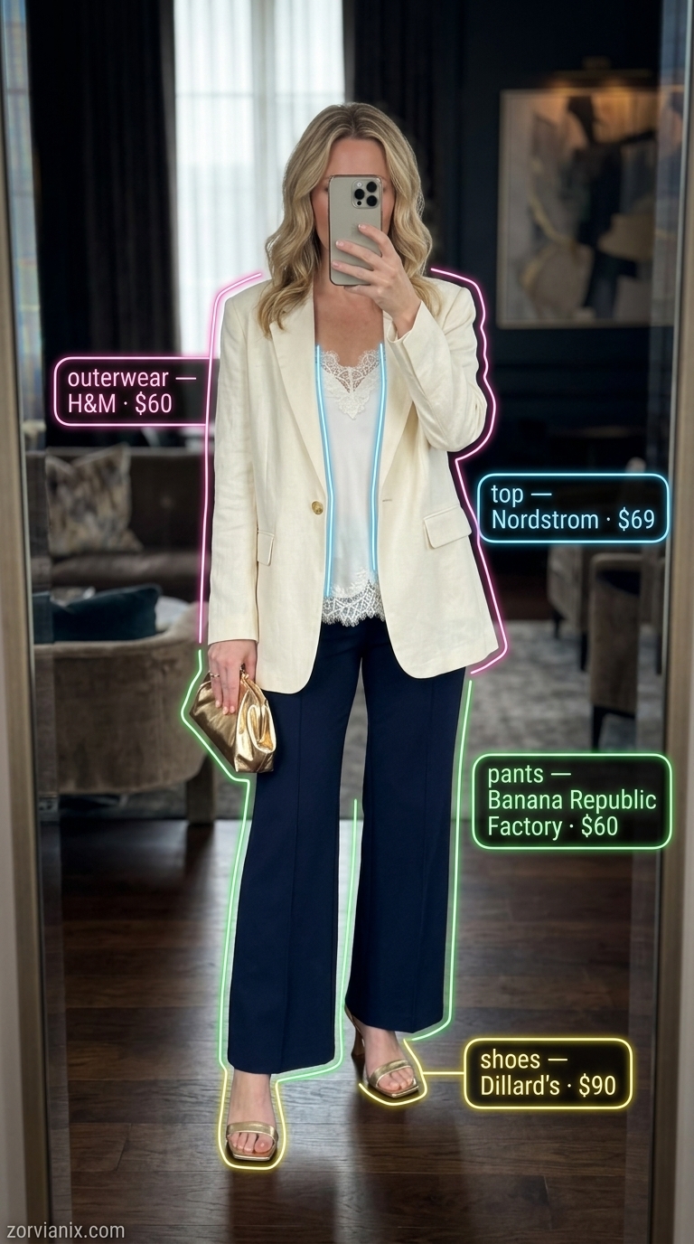 Navy wide-leg trousers with cream camisole, gold clutch, and linen blazer for summer garden party outfits for women 2026.