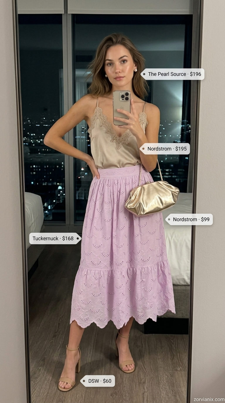 Lavender lace midi skirt with cream camisole, gold clutch, and nude block heels for summer garden party outfits for women 2026.