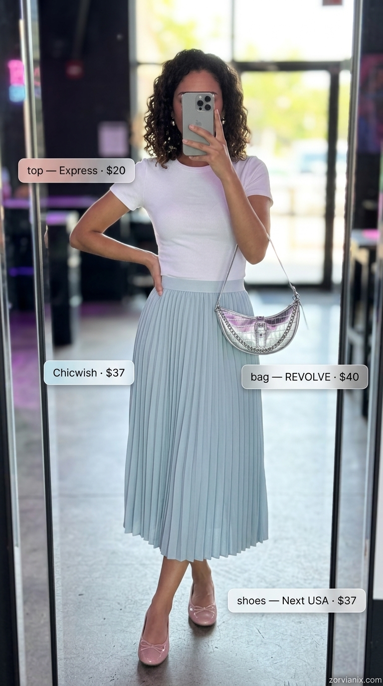 Pastel blue midi skirt outfit for summer garden party outfits for women 2026. White knit top, blush flats.