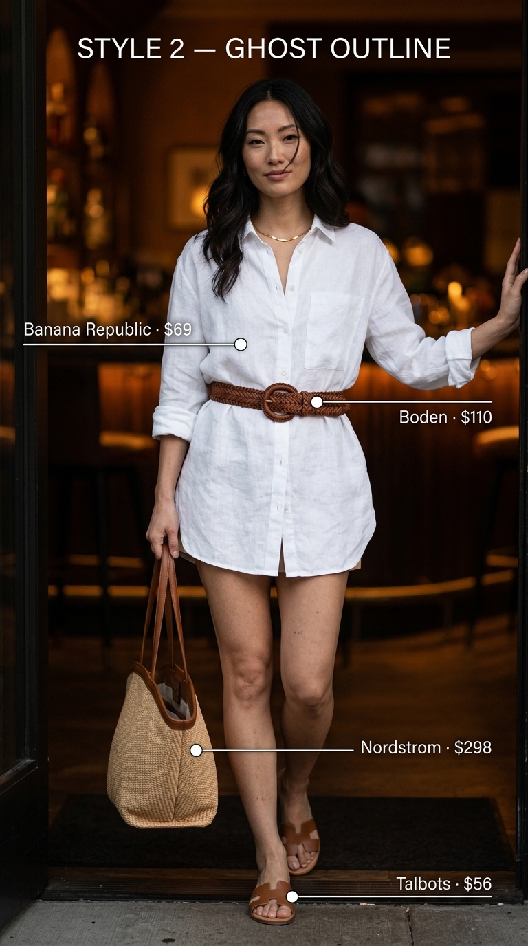 White linen shirt with tan pants & slides for summer garden party outfits for women 2026.