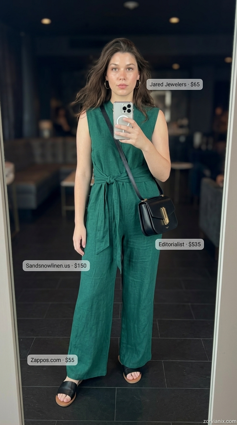 Emerald green utility jumpsuit with gold hoops, black bag, and flat sandals for summer garden party outfits for women 2026.