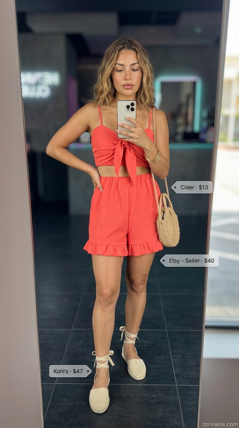 Coral linen shorts set for summer garden party outfits for women 2026. Cream espadrilles, straw bag.