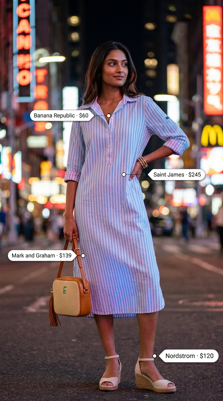 Pastel stripe shirtdress with espadrilles & raffia bag for summer garden party outfits for women 2026.