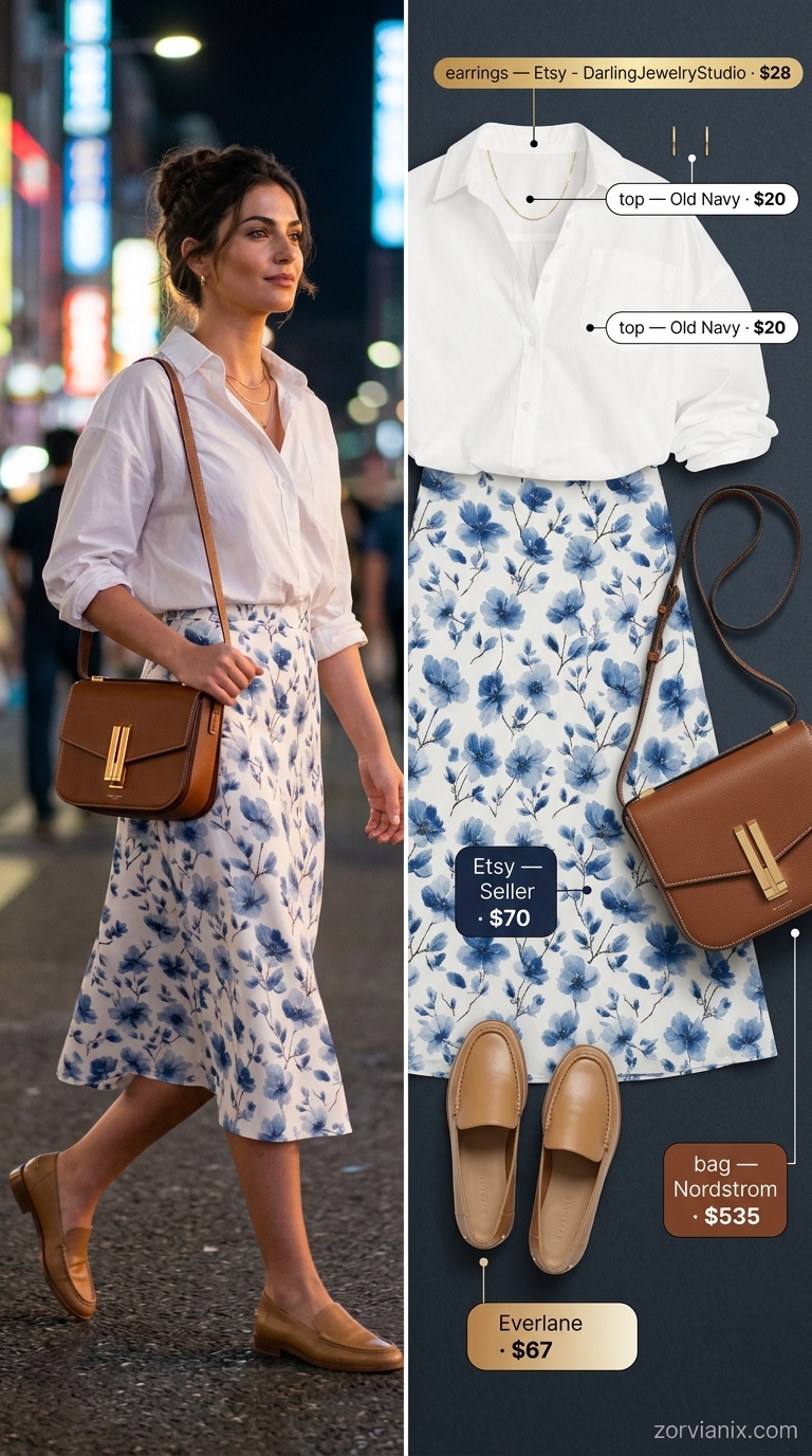 Chic blue floral midi skirt outfit for summer garden party outfits for women 2026. White shirt, tan loafers.