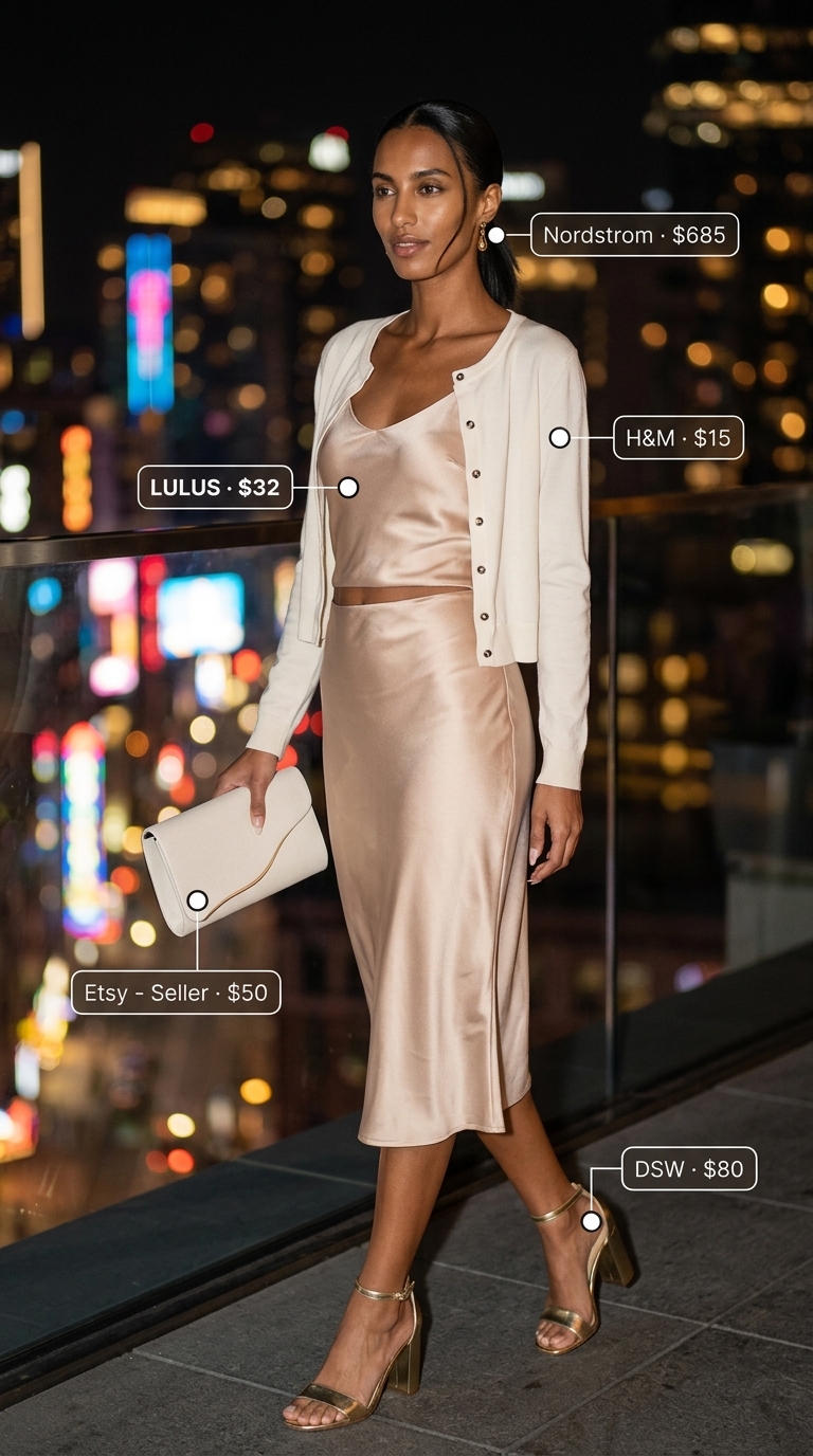 Champagne satin slip dress outfit for summer garden party outfits for women 2026. Gold sandals, cream clutch.