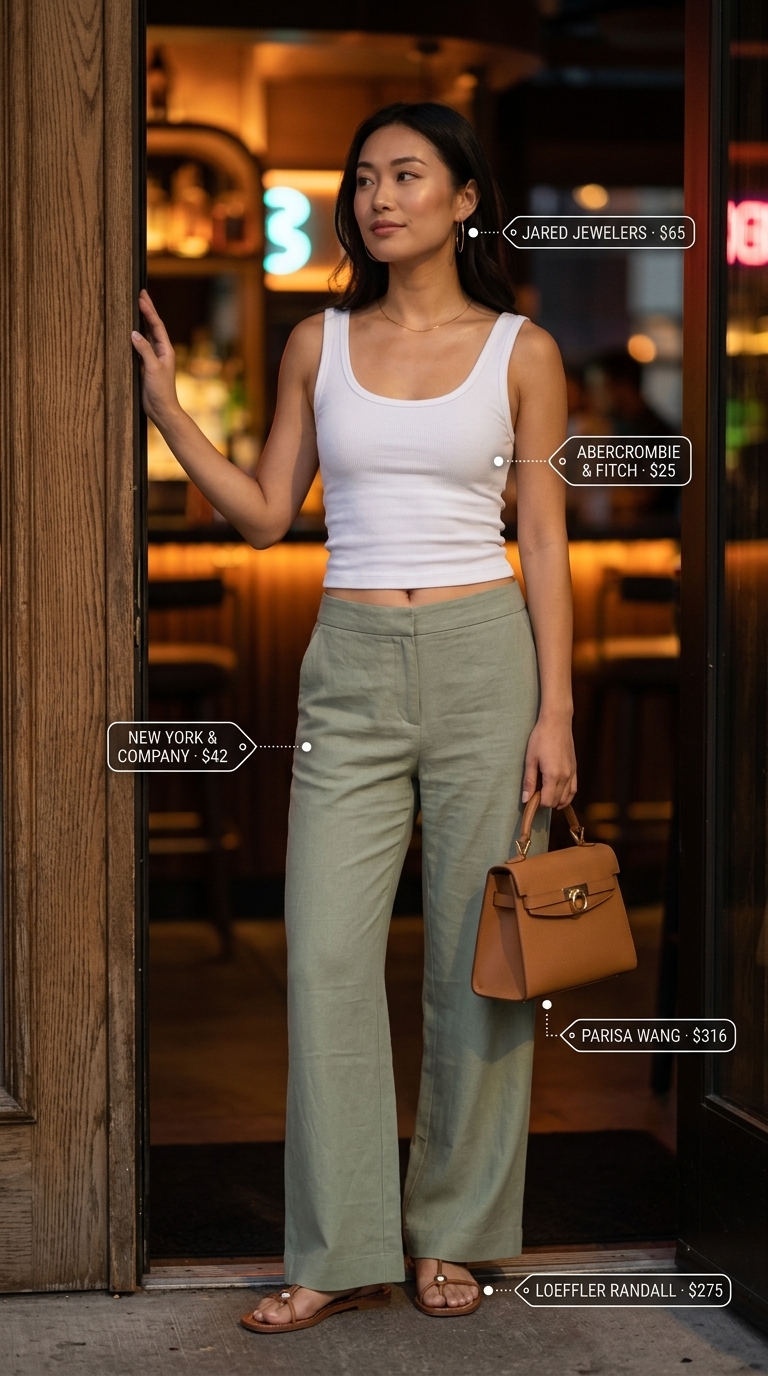 Sage green linen pants with cream tank & slides for summer garden party outfits for women 2026.