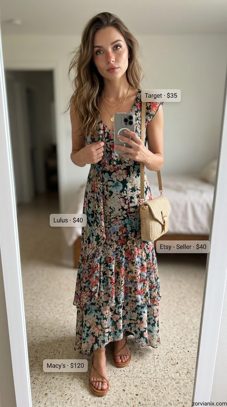 Pastel floral maxi dress with gold jewelry, tan sandals, and straw bag for summer garden party outfits for women 2026.